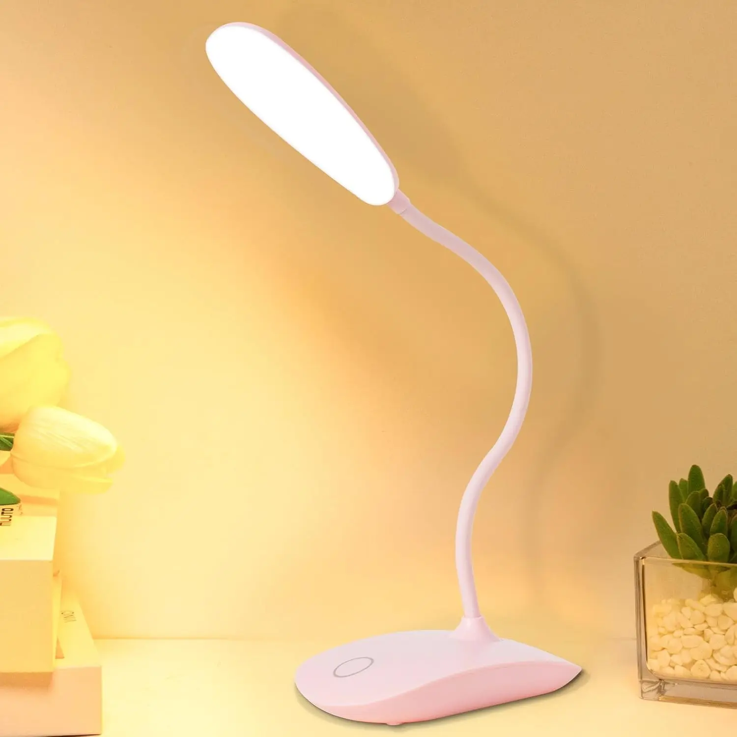 Portable Battery Powered Desk Lamp Small Rechargeable LED Table Light |   400 Lumen Eye Care,3 Color Temperatures,Stepless Touch Dimming,360 °   Adjustable for Nail Study Dorm Office Bedroom,Pink 1 Pcs