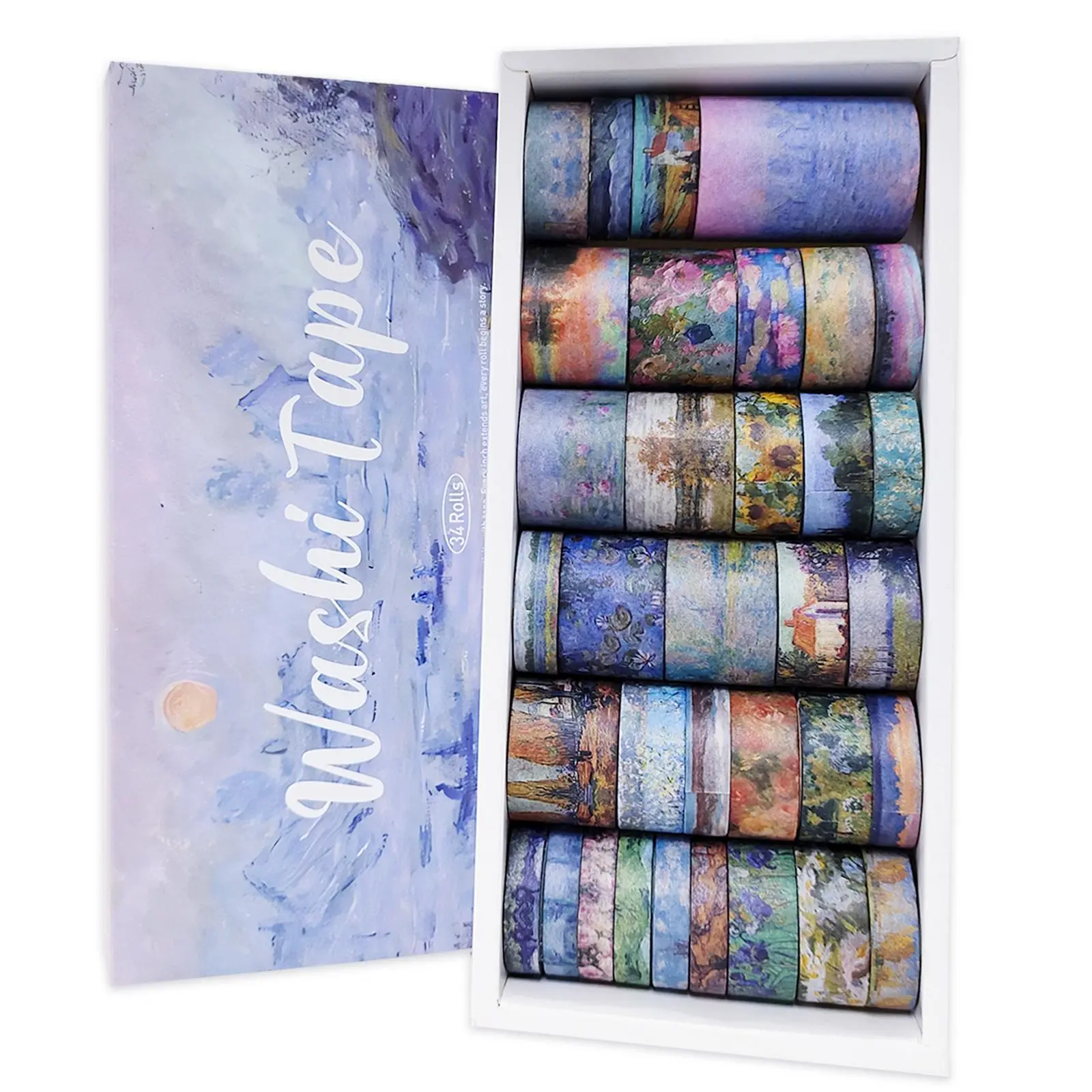 PRSTINCOL 34-Roll Classical Colorful Floral Watercolor Oil Painting Washi Tape Set, Adhesive Decals Scrapbooking Supplies for Junk Journaling, Watercolor Art, Easter DIY Projects