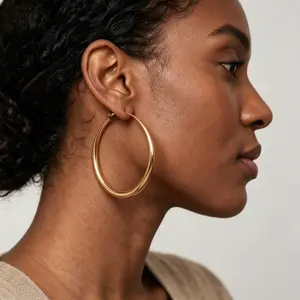 Vintage Large Hollow Hoop Earrings, Gold Plated Titanium Steel, Hypoallergenic & No Fade Waterproof Earrings for Sensitive Ears
