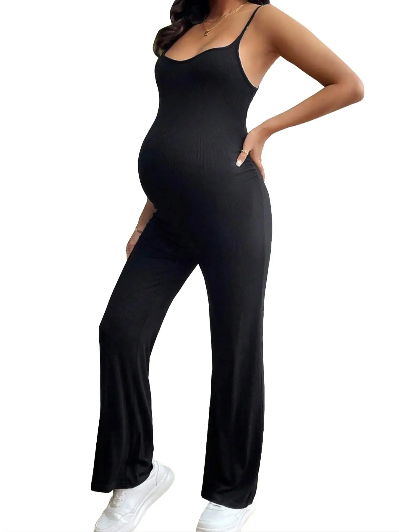 Maternity's Solid Backless Cami Jumpsuit, Casual Comfy Sleeveless Flare Leg Jumpsuit for Summer, Maternity Jumpsuit for Daily Wear