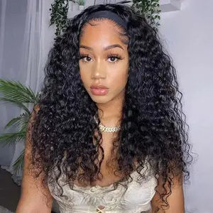 Bling Hair Deep Wave Glueless Wigs 180% Density Deep Wave Headband Half Wigs Human Hair for Women Natural Black Outdoorfun