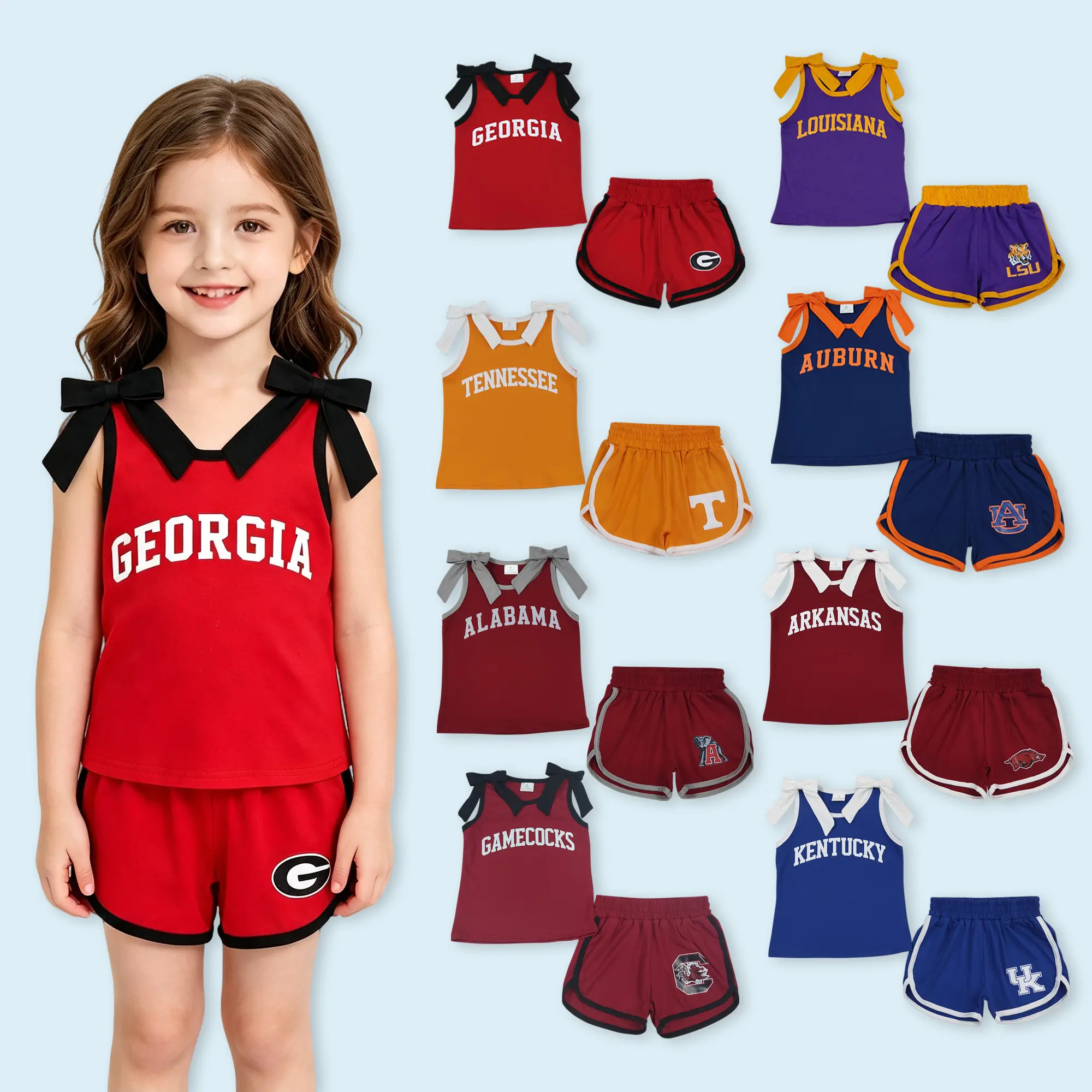 Hot sale kids girls school team summer outfit Fashion Clothes Set bow style breathable cotton suit
