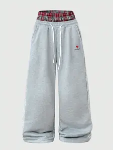 Unisex Gray Jogger Pants with Plaid Waistband and Red Heart LOS ANGELES Graphic, Athletic Casual Sweatpants for Streetwear and Lounge, Wide Sweatpants