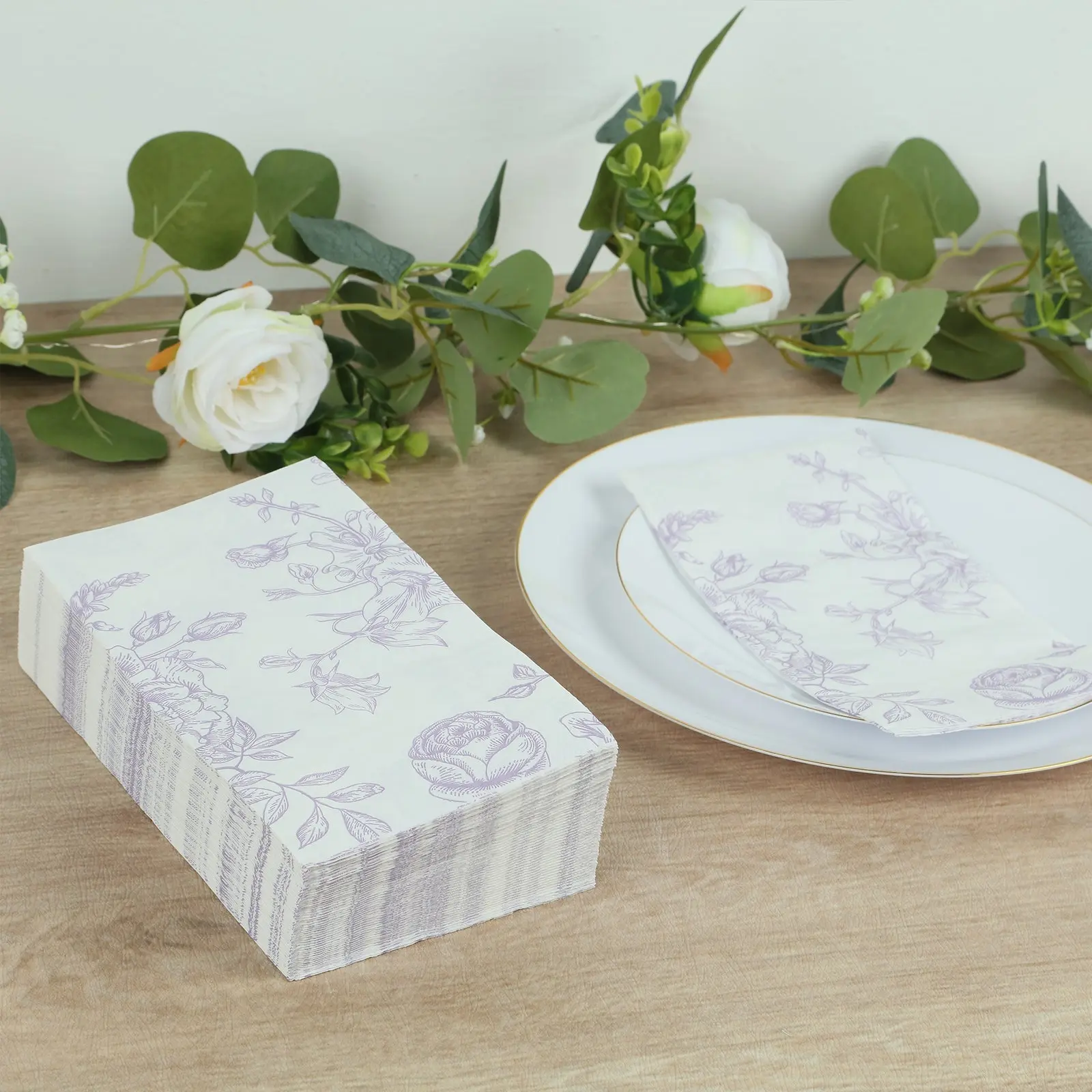 Disposable 2-Ply Matte Lavender & White French Toile Flower Design Paper Napkins, 50-Pack High Absorbency Tableware for Weddings, Event Planners (Home & Festive Party Supplies)