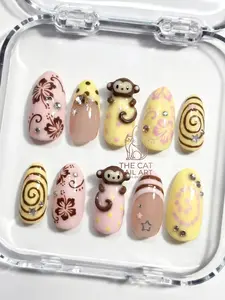 Y2K Retro Tropical Press On Nails: 3D Monkey and Brown Hibiscus Flower | Vacation Nails