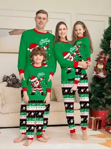 Christmas Family Pajamas Set, Cartoon Santa Print Top, Striped Pants, Casual Fitted Sleepwear for All Seasons