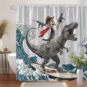 1Pc Funny Cat Dinosaur Shower Curtain Creative Surfing Cat Riding T-Rex Design Polyester Fabric Bathroom Decor Bath Curtain 70.8x70.8 Inch with 12 Hooks Waterproof Shower Curtain