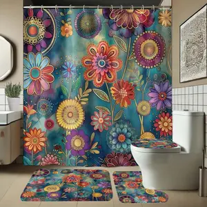 Floral Pattern Bath Curtain Set with Rug, Non-Slip Mat, U-Shaped Toilet Lid Cover Pad, Bathroom Shower Decor, Includes Hooks