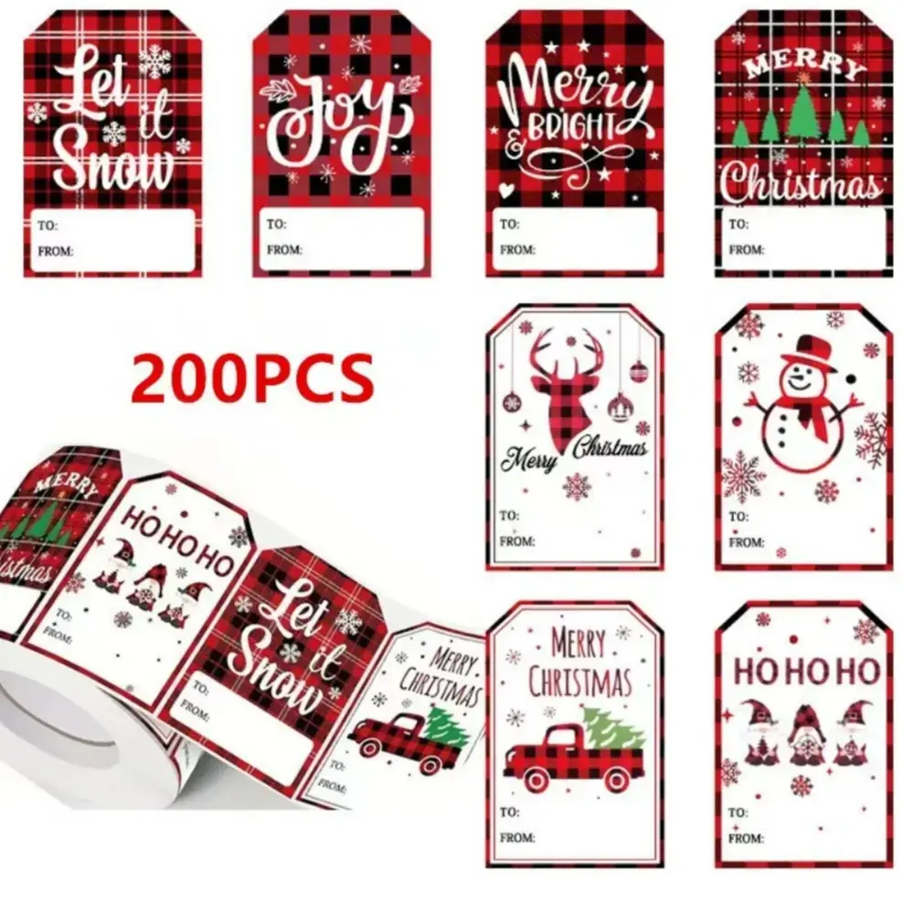 Self-Adhesive Holiday Gift Tags Roll, 200 Decorative Labels for Christmas Presents, Perfect for Crafts & Packaging, Durable Stickers for Festive Decorations