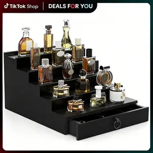 Solid Wood Cologne Organizer 4T-Black (Step-Type) - 4/5-Tier Stand Shelf, Velvet-Lined Drawer, Hidden Storage, Flip-Top Perfume Display Holder, Men's Gift, Cool Room Decor, Home Organizer, summerwins