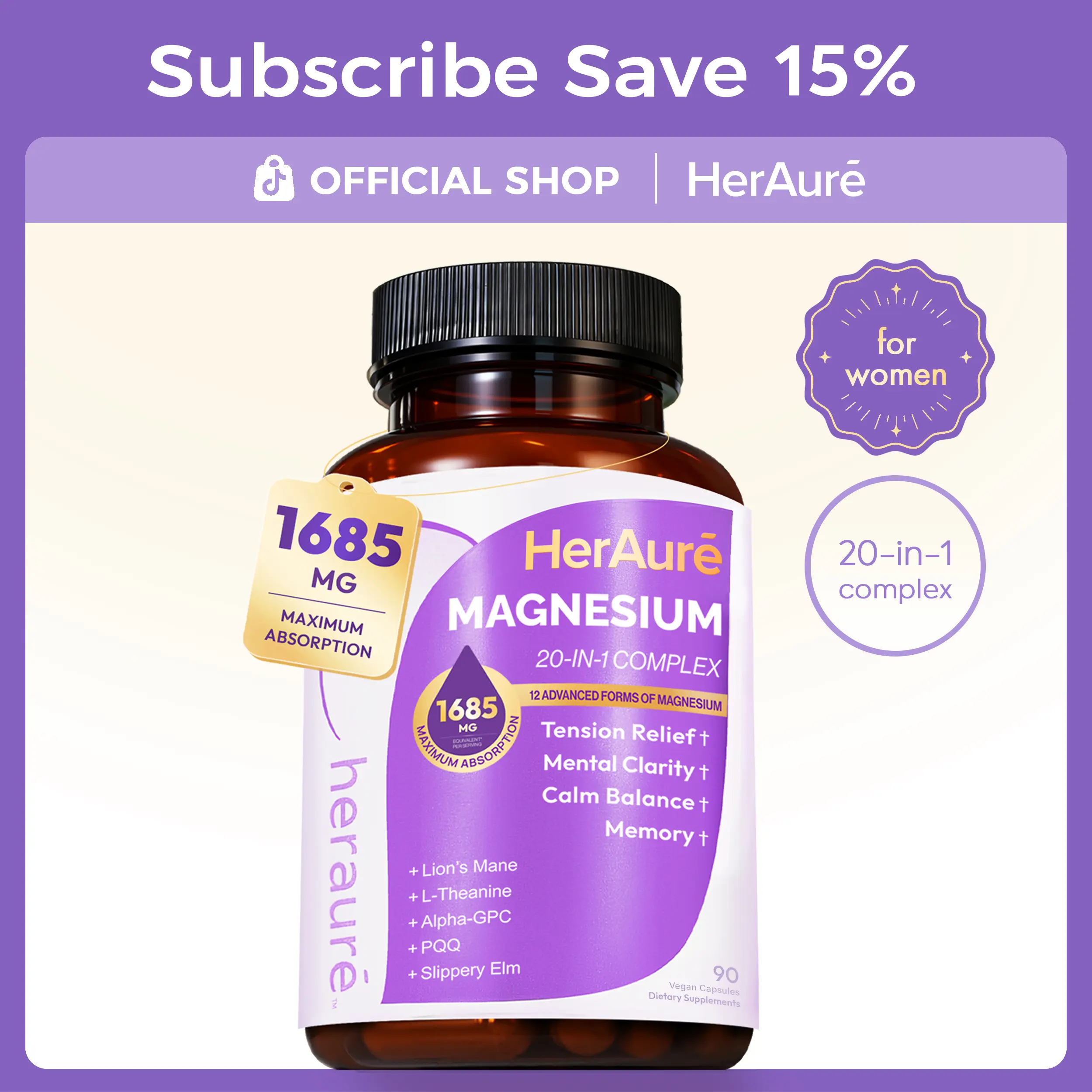 HerAure 20-in-1 Magnesium Complex 1685mg - BrainFog Relief, Reduce Overthinking & Calm Mind, StressRelief & Sleep Comfort, Digestion, Muscle & EnergySupport, 12 Forms of Magnesium, B6, Zinc & SlipperyElm, beach essentials, Deals For You Days