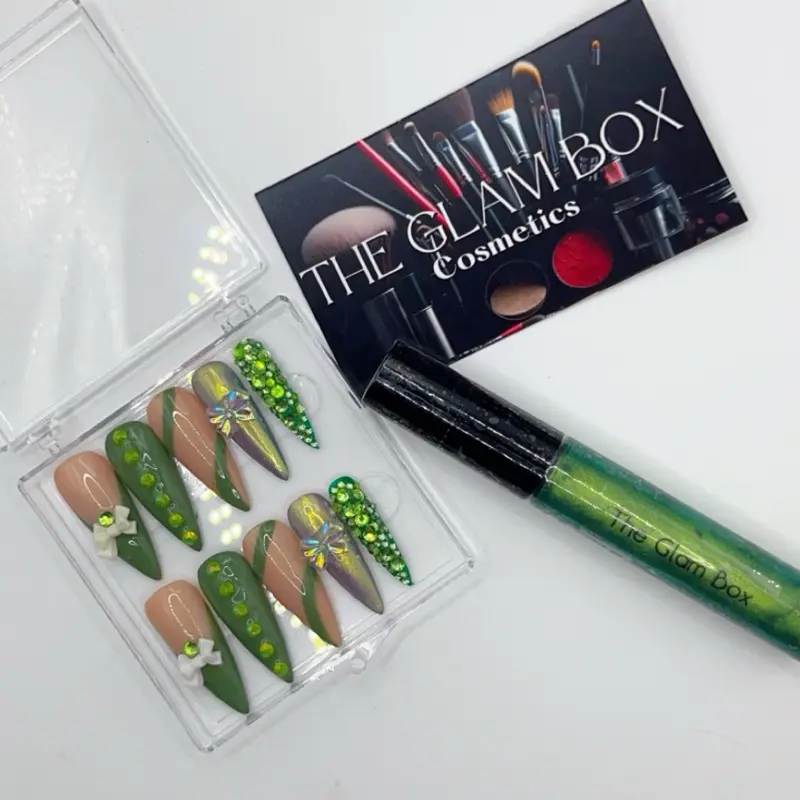 Money Green Press On Nails Set with Decorative Elements and Beads elegant nail