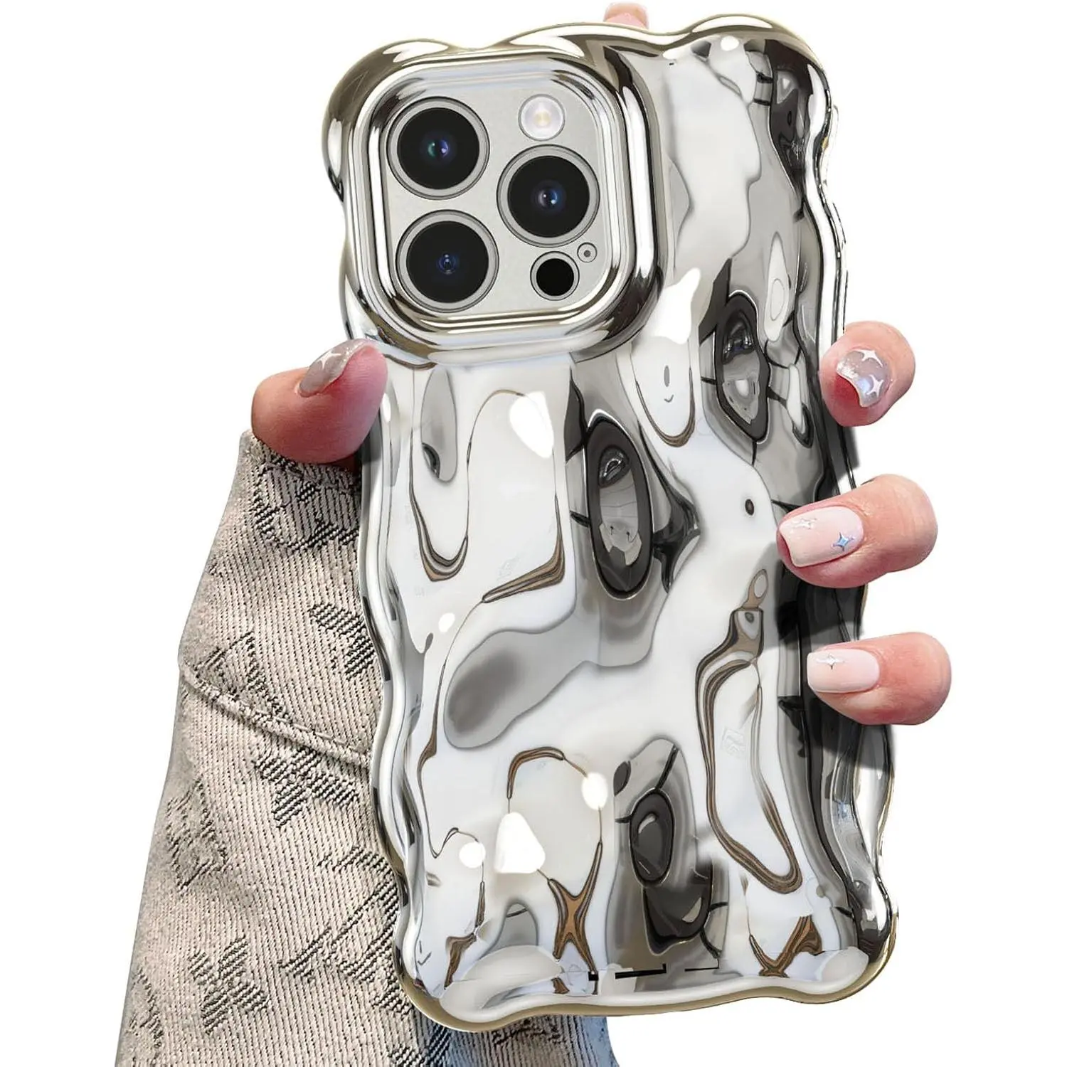 Ripple Case iPhone 15 Pro Max Cute Silver Wave Shape Phone Case, 3D Chrome Water Ripple Shell, Aesthetic Protective Cover for Women and Girls, Slim Shock-Absorbent Accessory for Women