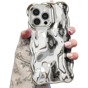 Ripple Case for iPhone 15 Pro Max, Cute Silver Cover Wave Shape for iPhone Case Pretty Aesthetic 3D Phone Cover, Water Ripple Shell 3D Chrome Design for Women and Girl, Silver