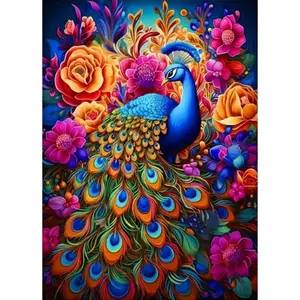 The Beautiful Peacock in Flowers Diamond Painting Kit, Adult DIY Round Drill/Full Drill/Frameless/Diamond Artwork, Decorative Painting/Wall Hanging for Home Indoor Spaces, Craft Gift, Handmade Gifts