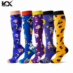 KratosXpedition 5 Pairs Halloween Compression Socks for Women & Men, 20-30 mmHg Knee High Support Socks for Running, Nursing, Travel & Hiking, Breathable Lightweight Graduated Compression with Festive Patterns
