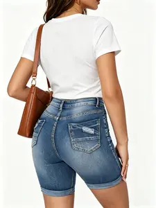 Women's High-Waisted Stretchy Denim Bermuda Shorts, Womenswear, Trendy Jean Shorts with Patch Pockets, Button Fly, Casual Summer Wear