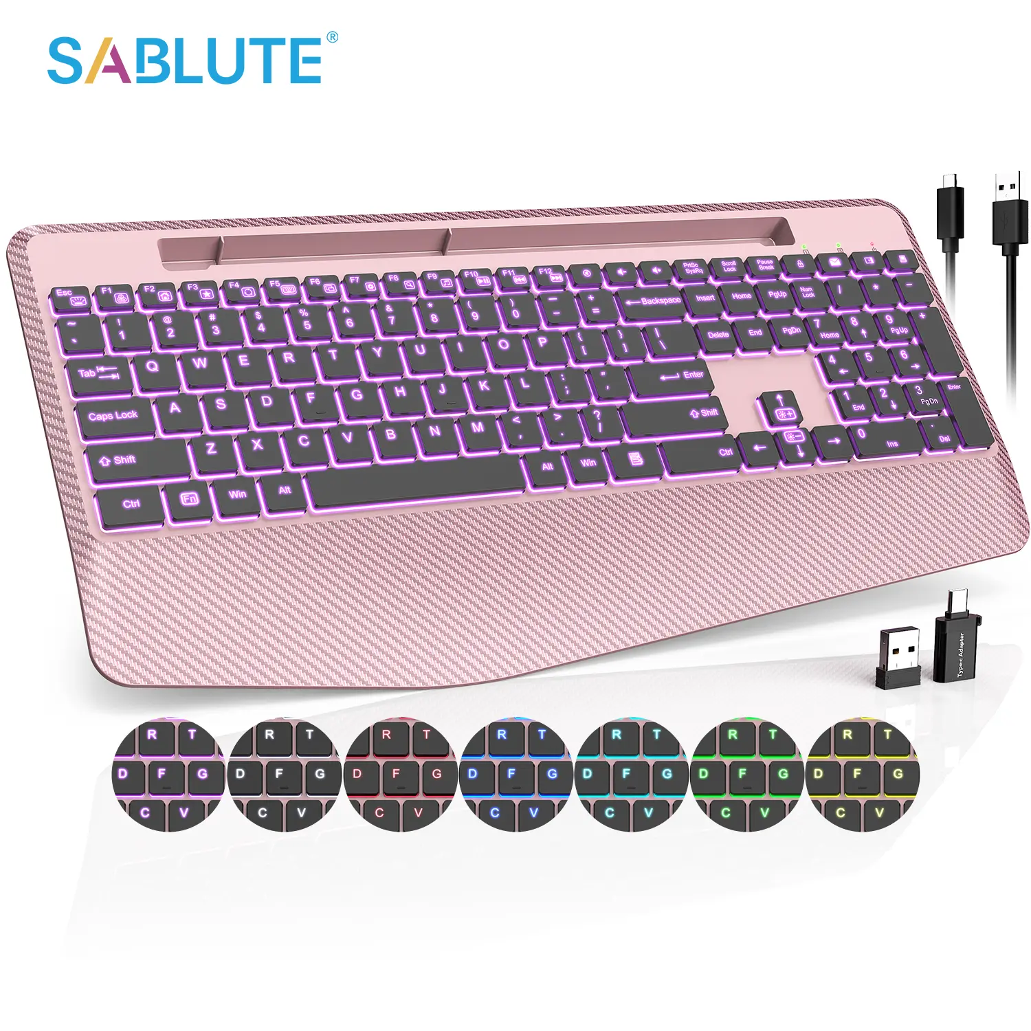 SABLUTE Backlit Wireless Keyboard for Laptops, Pink Paradise, Foldable Ergonomic Design with Palm Rest, Rechargeable, 24-Month Standby, Quiet Typing, 2.4 GHz Stable Connection, Foldable Ergonomic Keyboards, Wireless Keyboard Laptops