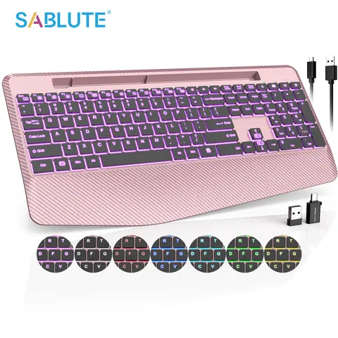 SABLUTE Pink Paradise Backlit Foldable Ergonomic Wireless Keyboard for Work, Laptops & PC - Ergonomic Palm Rest, Rechargeable, 24-Month Standby, Quiet Typing, 2.4 GHz Stable Connection, 7 Switchable Colors Backlight, Multi-Platform Compatibility