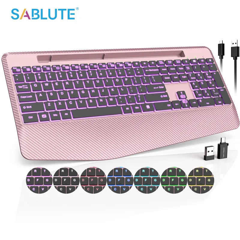 SABLUTE Pink Paradise Backlit Foldable Ergonomic Wireless Keyboard for Work, Laptops & PC - Ergonomic Palm Rest, Rechargeable, 24-Month Standby, Quiet Typing, 2.4 GHz Stable Connection, 7 Switchable Colors Backlight, Multi-Platform Compatibility