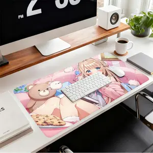 Extra Large Cute Anime Girl Mouse Pad, Cartoon Bear Pattern, Gaming Mouse Pad, 35x16 Inch, Non-Slip Rubber Base, Stitched Edge