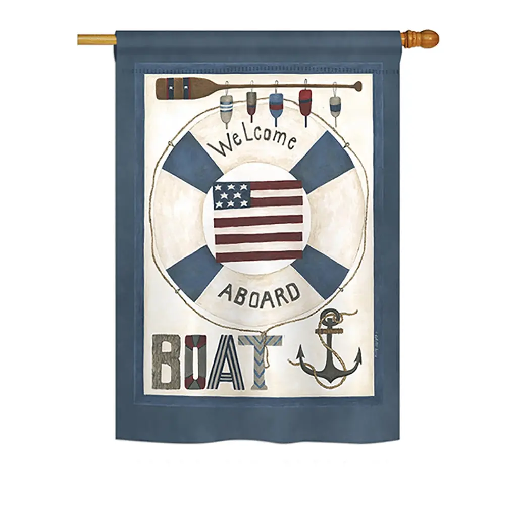 Breeze Decor BD-NA-H-107054-IP-BO-DS02-US Polyester Double-Sided Vertical House Flag, Welcome Aboard Coastal Everyday Nautical Decor, Fade-Resistant Reusable 28x40 in.