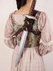 1PC Medieval Faux Leather Single Shoulder Scabbard Renaissance Vikings Knight Cosplay Sword Case Shoulder Back Scabbard Brown Frog Frame Shoulder Sword Strap Halloween Costume Accessory (no Sword Included)