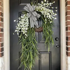 Spring Summer Front Door Decorative Wreath, Realistic Bell Flower Drip Tear Drop Door Knocker, Striped Bow, Plant Woven Wreath