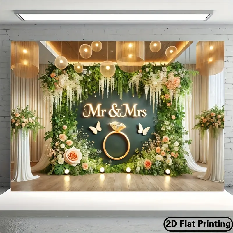 Mr and Mrs Wedding Backdrop Floral Love Backdrop Elegant Marriage Background Cloth Wedding Tapestry Wall Hanging Photography Background Polyester Fiber Ceremony Party Studio Home Outdoor Event Decor Studio Prop Wall Art