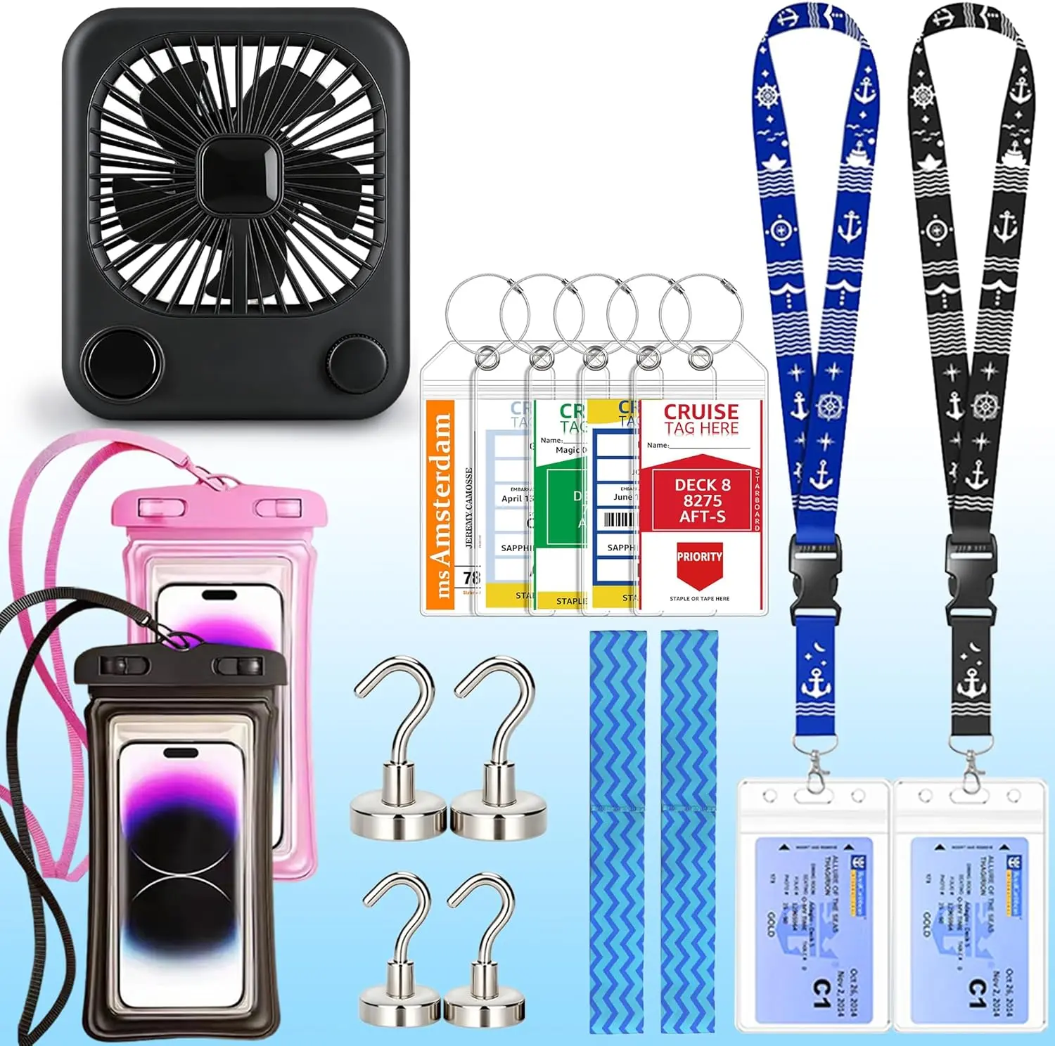 Cruise Essentials 2026, Cruise Must Haves Kit for Women & Men, Includes 4800mAh Rechargeable Portable Fan, 4 Magnetic Hooks, 2 Cruise Lanyards, 5 Luggage Tags, 2 Towel Bands, 2 Waterproof Phone Pouches, Cruise Ship Travel Accessories & Vacation Essentials