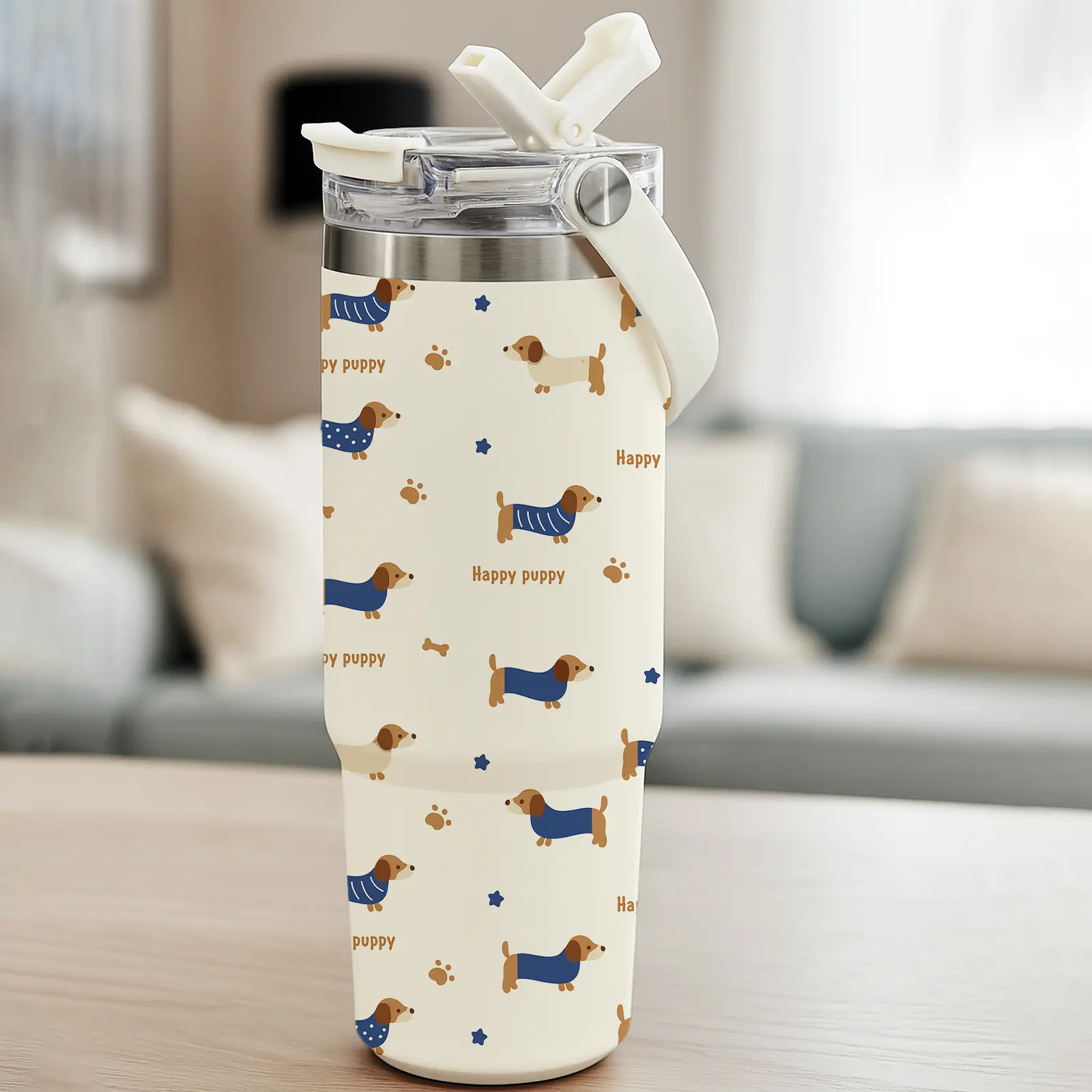 Auracup 1 Pc 30oz Stainless Steel Insulated Cup, Cute Sausage Dog Pattern, Happy Puppy Print, Straw Lid Design, Dual Layer Vacuum Insulation, Fun Gift for Teens or Pop Culture Fans, Perfect Thanksgiving Gift, Valentine's Day, Carnival Party, St. Patrick's