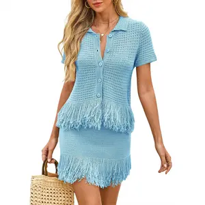 Fisoew Womens 2 Piece Crochet Outfits Short Sleeve Button Knit Sweater Tops Fringe Skirt Summer Vacation Sets Beach Cover Ups #SummerVibes