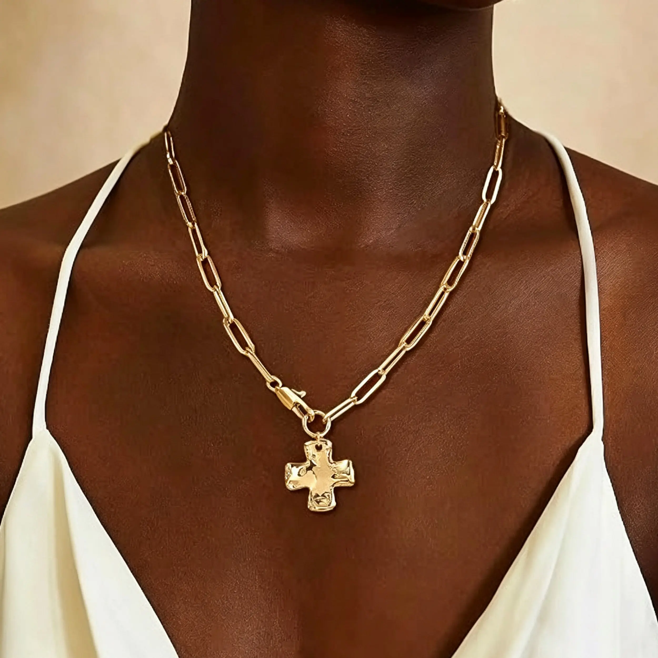 Women's Chunky Cross Necklace - Classic Gold Chain & Link Jewelry, Hammered Statement Pendant with Vintage Toggle Clasp, Casual Christmas Day Gift for Her, Classic Gold Necklaces, 18.2 Inches, Anniversary
