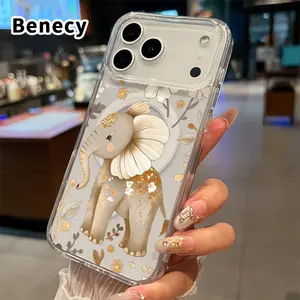 Magnetic Case for iPhone 17 16  Pro Max Plus 15 14 13 12 11 Air E Elephant in Bloom  Pattern Acrylic Back Silicone Edges Waterproof Mobile Phone Cover