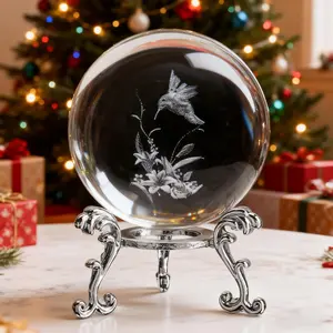 60mm 3D Laser Hummingbird Crystal Ball Paperweight Figurines Glass Crystal Ball with Stand Gift