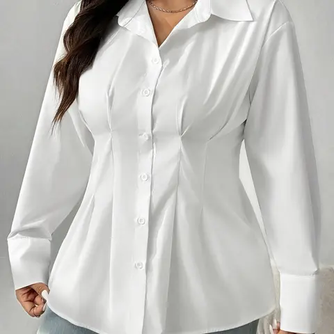 Elegant Plus Size Women's Solid Color Buttoned Collared Long Sleeve Shirt, Stylish Casual Classy Fashion Comfy Fit Blouse Shirts for Everyday Wear, Comfortable and Versatile Clothing