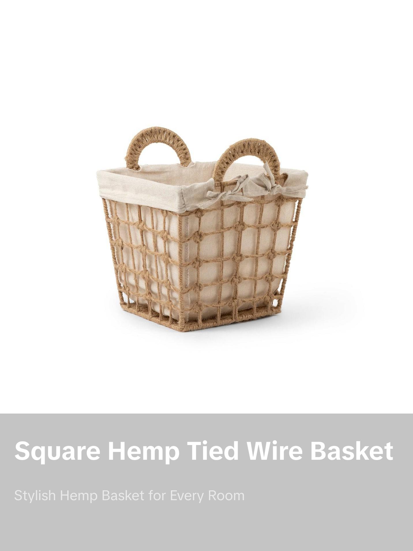 Square Hemp Tied Wire Basket with Fabric Inner