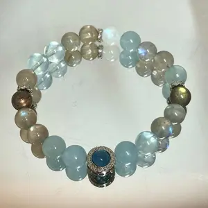 AAA+ Aquamarine & Labradorite|Elegant 8mm Blue Gemstone Bracelet|Emotional calmness and Courage|Stretchable Beaded Bracelet|March Birthstone