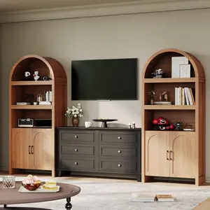 71in Tall Bookshelf Arched Cabinet - 5Tier Arched Bookcase with Mid Century Doors  Wooden Storage Cabinet with Open Display Shelves and Adjustable Shelf for Office Dining Living Room - Brown