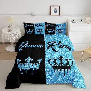 Black and Blue Crown Queen and King Comforter Set,King Size for Couple Men Women,Valentine's Day Wedding Gifts,2 Pillowcases Bedroom Decor