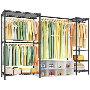 Ulif E10 Heavy Duty Clothes Rack With Stretchable Hanger Rod Adjustable Closet Organizer System,Freestanding Clothing Racks for Hanging Clothes,Portable Garment Rack 73-97"W x 15" D x 72" H，Max Load 800LBS，Black
