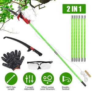 4M-8M Size Options -- 1Pc 2 In 1 Extra Long Manual Pole Saw Extendable Tree Pruner For High Branches With Pruner Scissors 2 Double-hooked Saw Blades Goggles Gloves