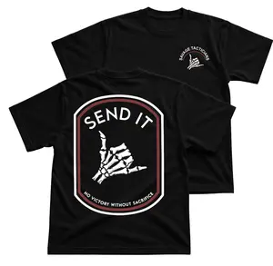 Savage Tacticians Send It Tactical T-Shirt, Skeleton Hand Graphic Tee With No Victory Without Sacrifice Back Print, Front Chest Logo Shirt Gift for Men