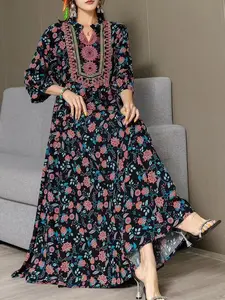 Boho Embroidered Long Dress, Ethnic Style Travel Dress, Vintage Beach Floral Print, Vacation Ready, Coastal Fashion, Elegant Evening Gown, Ditsy