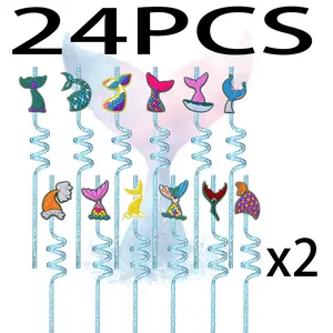 24-Piece Glitter Mermaid Party Decor Set Mermaid Tail Straws Perfect for Mermaid Birthday Parties Themed Party Decorations, Reusable Straws, Event Planners