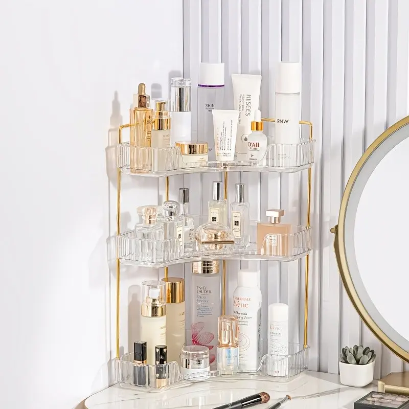 Multi-Layer Plastic Corner Rack, Bathroom Countertop Organizer, Bathroom Accessory, Cosmetic Display Shelf, Transparent Perfume Tray, Space-Saving Vanity Stand, Bathroom Organization