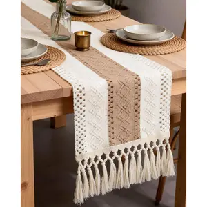 Farmhouse Boho Table Runner - 72 Inches, Linen-Textured Woven Tassel Design for Dining Table Decor, Kitchen, Coffee Table & Living Room, 12 x 72 Inch, Brown