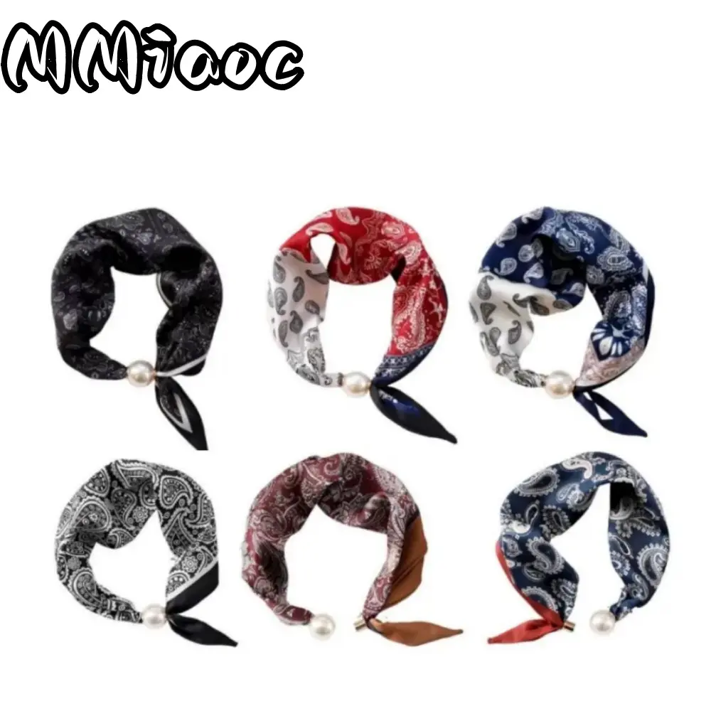 6PCS Magnetic Pearl Scarf,Satin Scarves for Women,Classic Printing Scarf,Elegant Neck Tie,Hair Bandanas Scarves