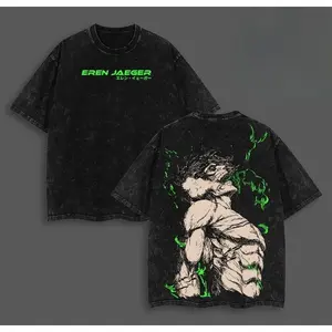 Valentine Shirts Eren Yeager Oversized Tee - Attack on Titan Anime Graphic Shirt Acid Washed Heavyweight Cotton Soft Tee, Anime Streetwear, Eren Shirts Gift for AOT Fans Casual Loose Fit Crewneck