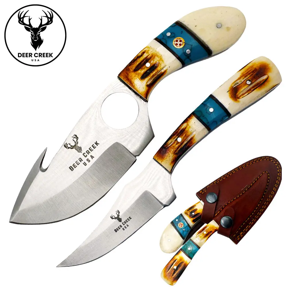 DEER CREEK DC 017 2-Piece 7.25in Full Tang Tactical Knives Set for Adults, Well Designed Blades, Engraved Antler Logo, Bones&Resin Handle, Button-Strap Secure Dual Leather Sheaths, Outdoor Survival Tool for Fishing